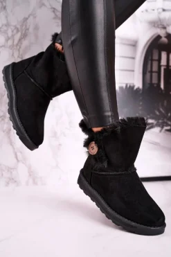Hot Boto Damskie Śniegowce Zamszowe z Futerkiem Czarne Button