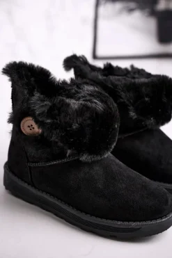 Hot Boto Damskie Śniegowce Zamszowe z Futerkiem Czarne Button