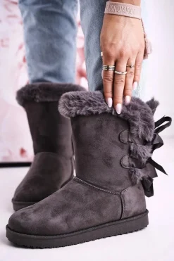 Best Damskie Śniegowce Ze Wstążką Ocieplone Futerkiem Szare Kaylee Damskie Śniegowce Damskie