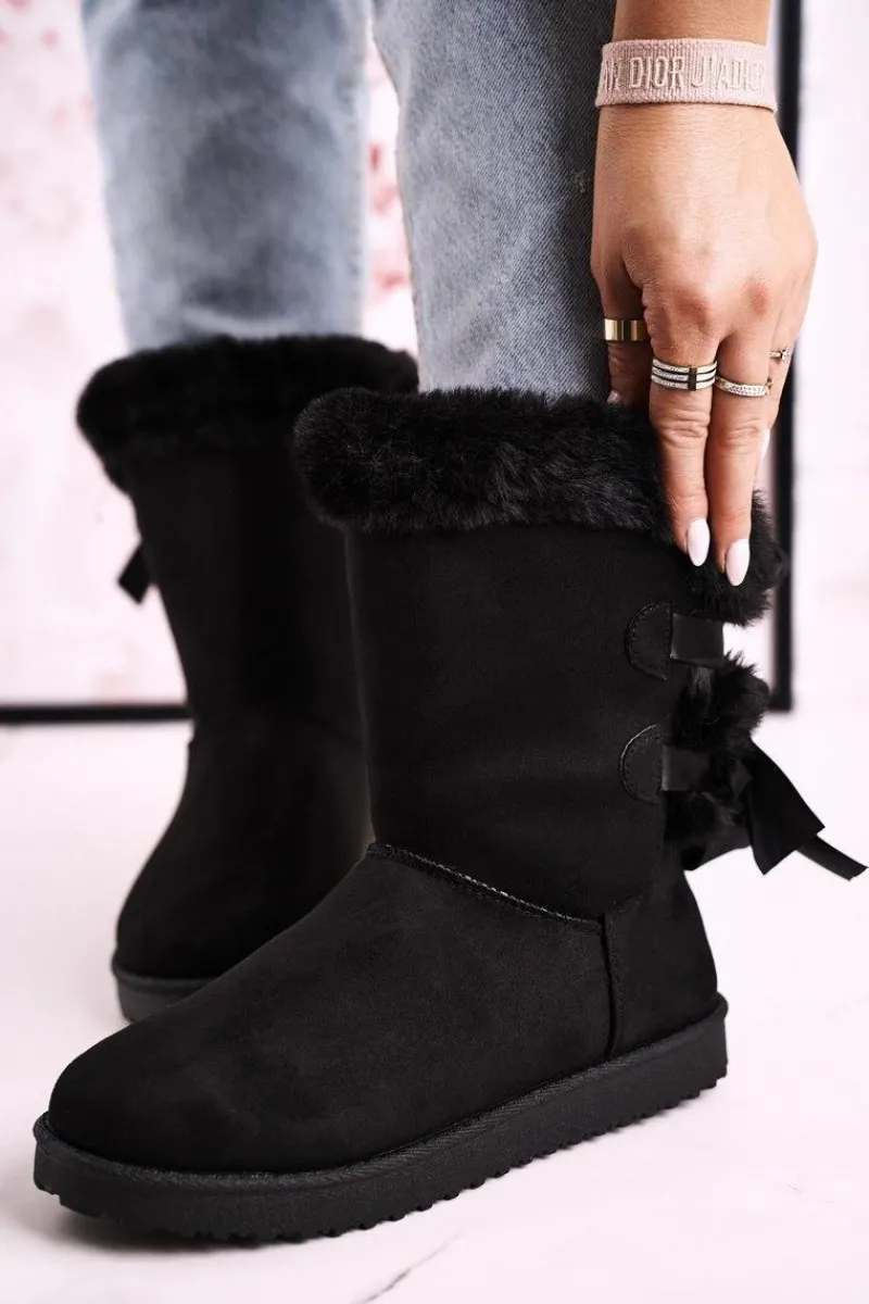 Best Boto Damskie Śniegowce Ze Wstążką Ocieplone Futerkiem Czarne Kaylee