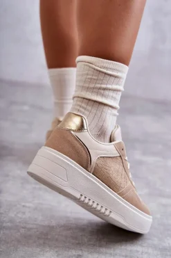 Outlet Damskie Niskie Buty Sportowe Na Platformie Beżowe Kyllie Damskie Buty Sportowe Na Platformie|Sneakersy Damskie