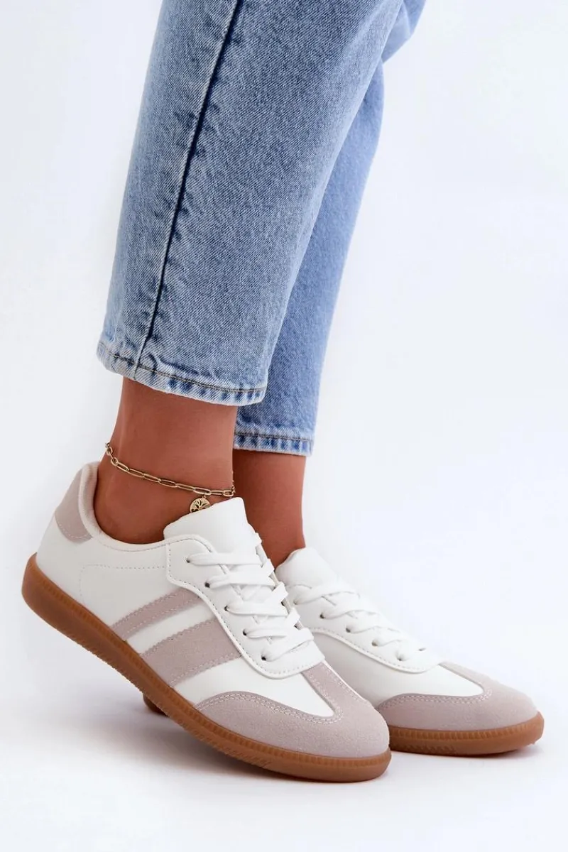 Sneakersy Damskie>Boto Damskie Niskie Eko Skórzane Sneakersy Biało-Szare Relialia