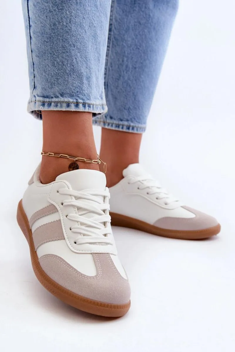 Sneakersy Damskie>Boto Damskie Niskie Eko Skórzane Sneakersy Biało-Szare Relialia