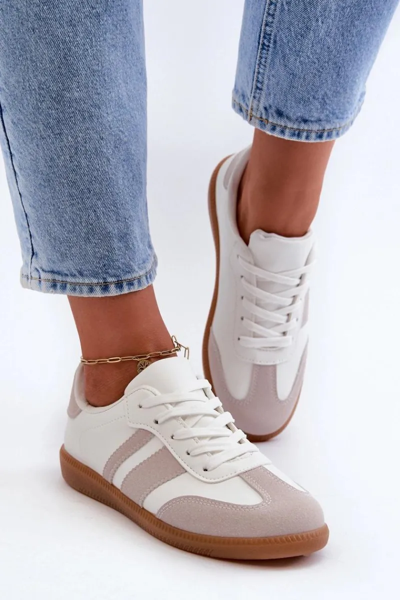 Sneakersy Damskie>Boto Damskie Niskie Eko Skórzane Sneakersy Biało-Szare Relialia