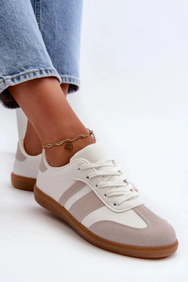 Sneakersy Damskie>Boto Damskie Niskie Eko Skórzane Sneakersy Biało-Szare Relialia