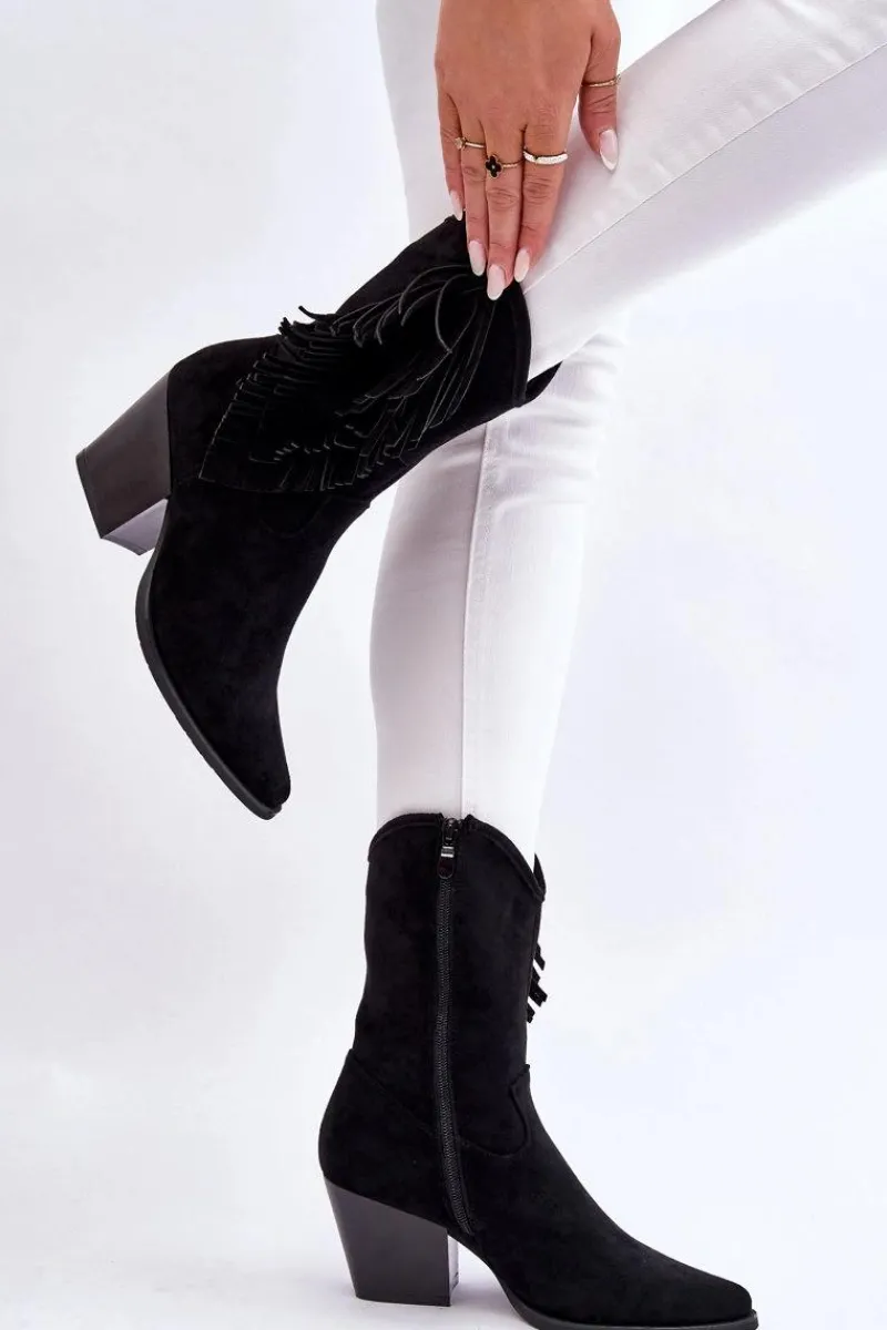 Kozaki Wiosenne|Kozaki Ażurowe>Damskie buty S.Barski Damskie Niskie Zamszowe Kozaki Kowbojki Czarne Elyse