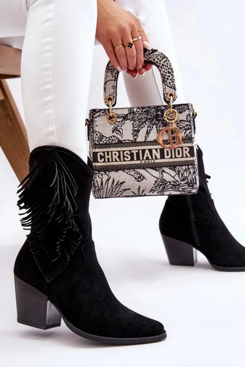 Kozaki Wiosenne|Kozaki Ażurowe>Damskie buty S.Barski Damskie Niskie Zamszowe Kozaki Kowbojki Czarne Elyse