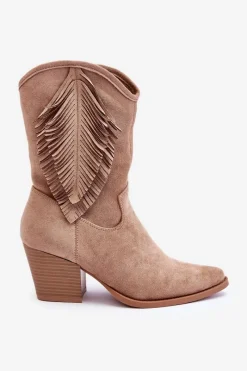 Clearance Damskie Niskie Zamszowe Kozaki Kowbojki Beżowe Elyse Damskie Kozaki Wiosenne|Kozaki Ażurowe