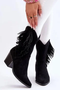 Clearance Damskie buty S.Barski Damskie Niskie Zamszowe Kozaki Kowbojki Czarne Elyse