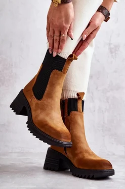 Best Boto Damskie Ocieplane Botki Na Obcasie Camel Abella