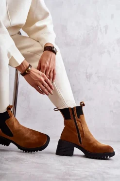 Best Boto Damskie Ocieplane Botki Na Obcasie Camel Abella