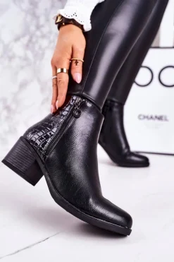 Sale Damskie Ocieplane Botki Na Obcasie Print Zwierzęcy Czarne Confidence Damskie Botki Na Słupku|Czarne Botki