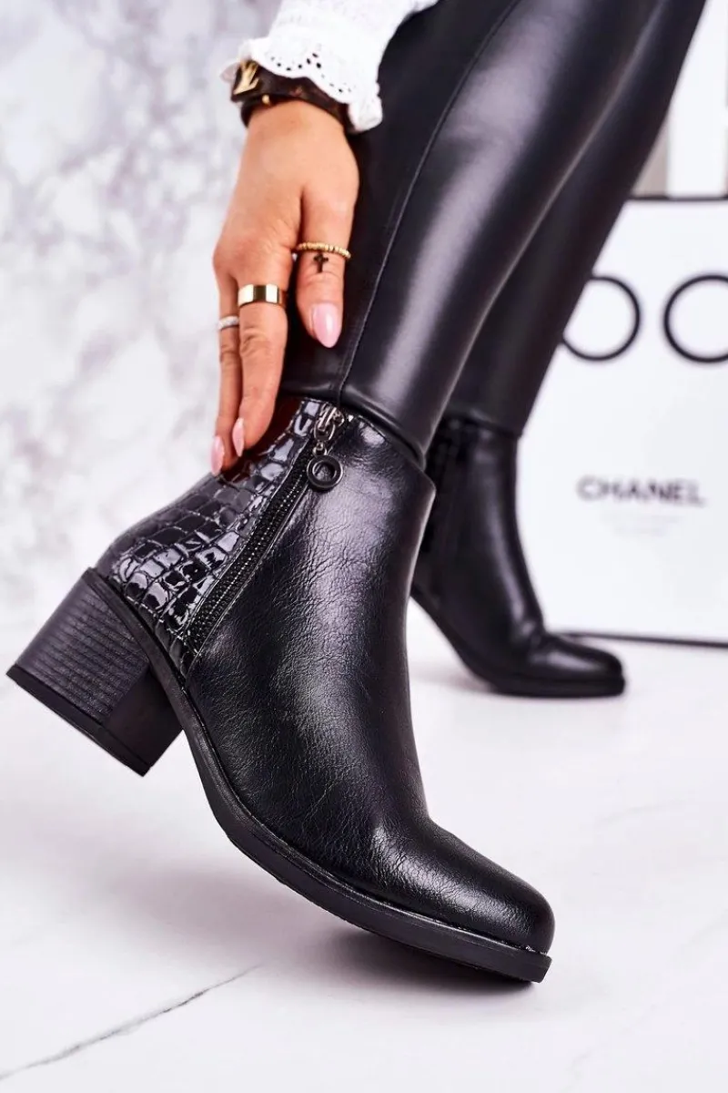 Sale Damskie Ocieplane Botki Na Obcasie Print Zwierzęcy Czarne Confidence Damskie Botki Na Słupku|Czarne Botki