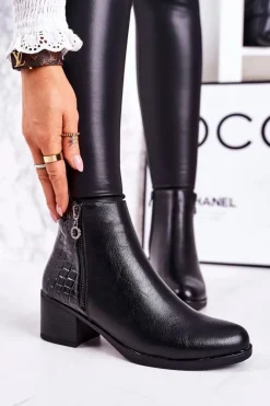 Sale Damskie Ocieplane Botki Na Obcasie Print Zwierzęcy Czarne Confidence Damskie Botki Na Słupku|Czarne Botki