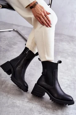 New Damskie Ocieplane Botki Na Obcasie Czarne Abella Damskie Botki Na Słupku|Czarne Botki