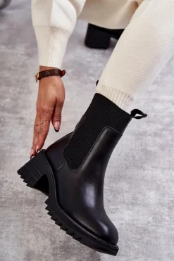 New Damskie Ocieplane Botki Na Obcasie Czarne Abella Damskie Botki Na Słupku|Czarne Botki