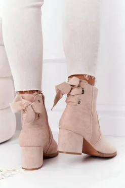 Outlet Boto Damskie Ocieplane Botki Na Słupku Beżowe Kayla