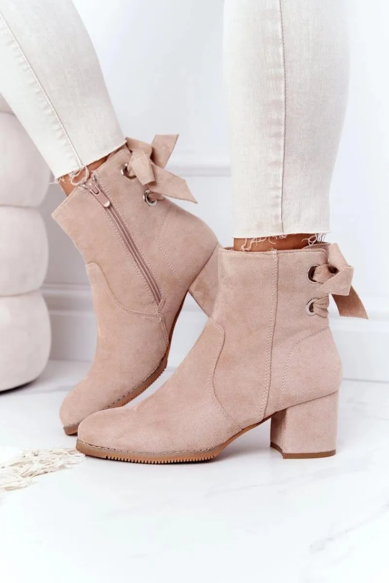 Outlet Boto Damskie Ocieplane Botki Na Słupku Beżowe Kayla