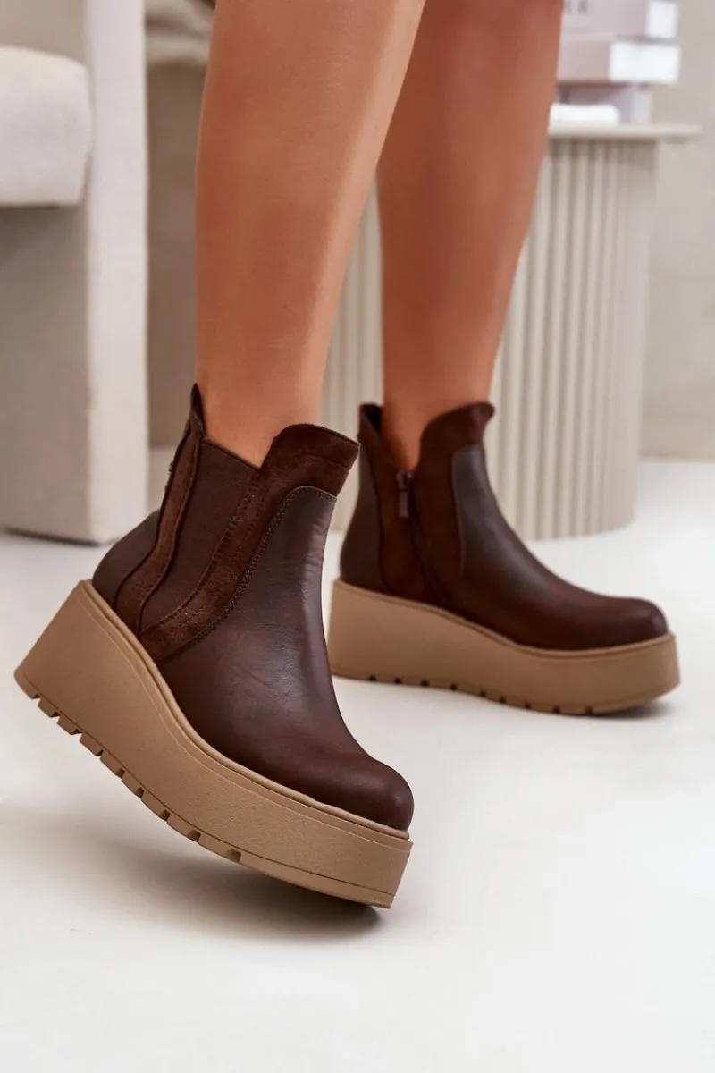 Online Damskie Ocieplane Botki Na Platformie I Koturnie Brązowe Mivanira Damskie Botki Na Koturnie|Brązowe I Beżowe Botki