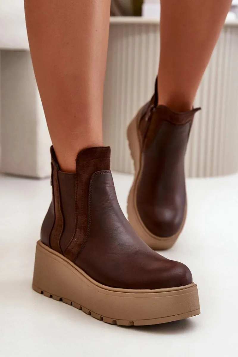 Online Damskie Ocieplane Botki Na Platformie I Koturnie Brązowe Mivanira Damskie Botki Na Koturnie|Brązowe I Beżowe Botki