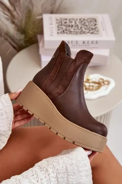 Online Damskie Ocieplane Botki Na Platformie I Koturnie Brązowe Mivanira Damskie Botki Na Koturnie|Brązowe I Beżowe Botki