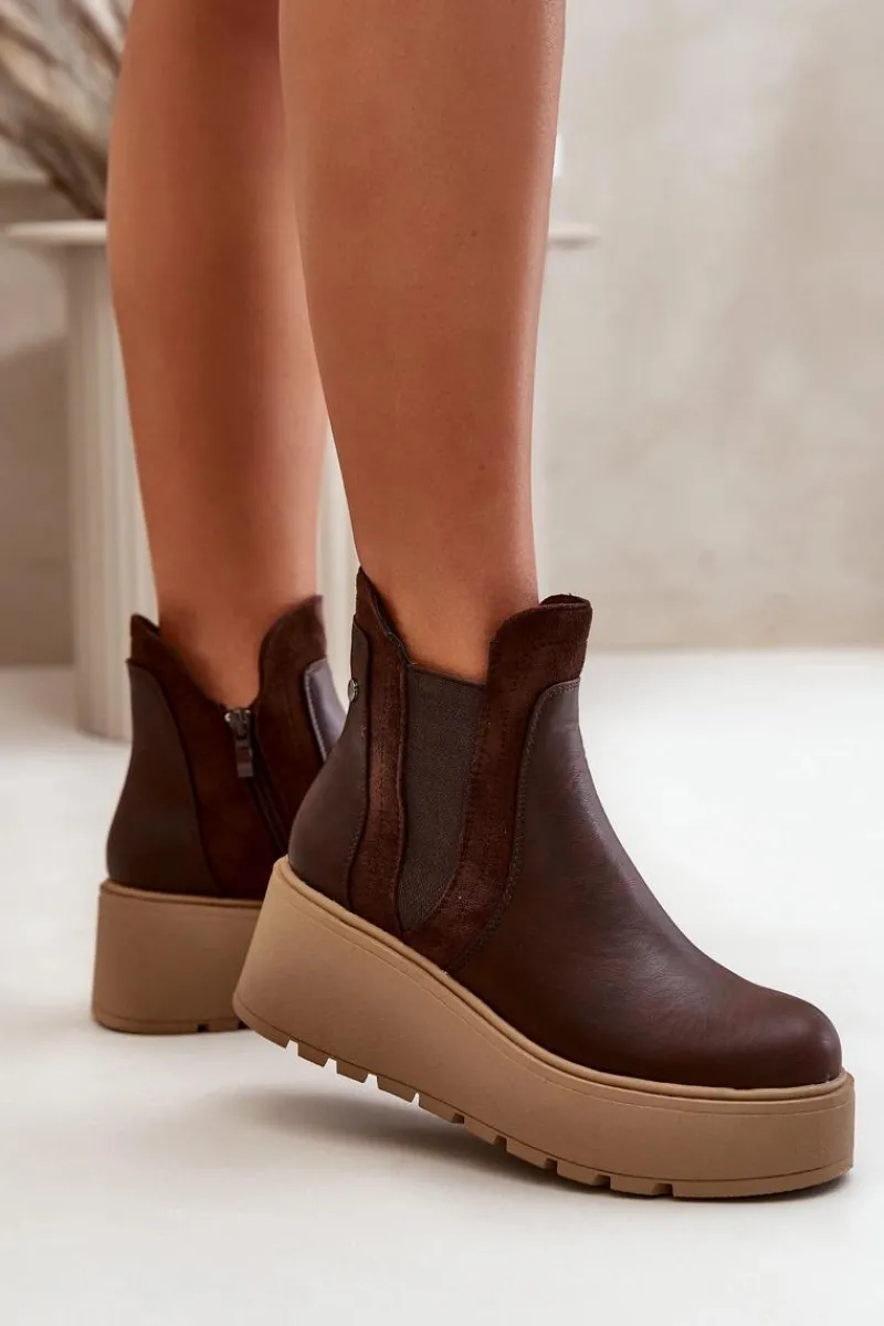 Online Damskie Ocieplane Botki Na Platformie I Koturnie Brązowe Mivanira Damskie Botki Na Koturnie|Brązowe I Beżowe Botki