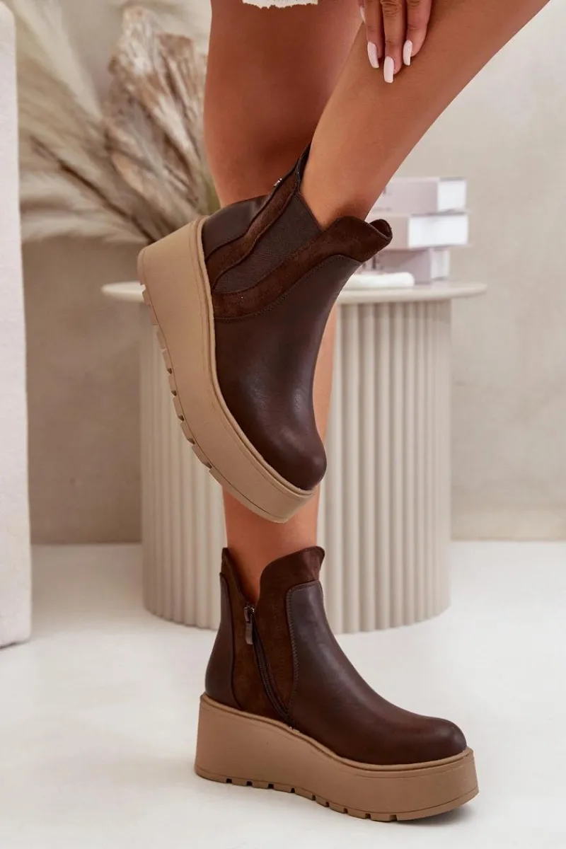 Online Damskie Ocieplane Botki Na Platformie I Koturnie Brązowe Mivanira Damskie Botki Na Koturnie|Brązowe I Beżowe Botki