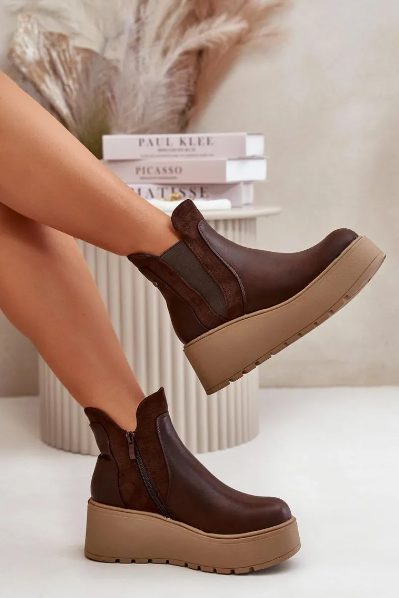 Online Damskie Ocieplane Botki Na Platformie I Koturnie Brązowe Mivanira Damskie Botki Na Koturnie|Brązowe I Beżowe Botki