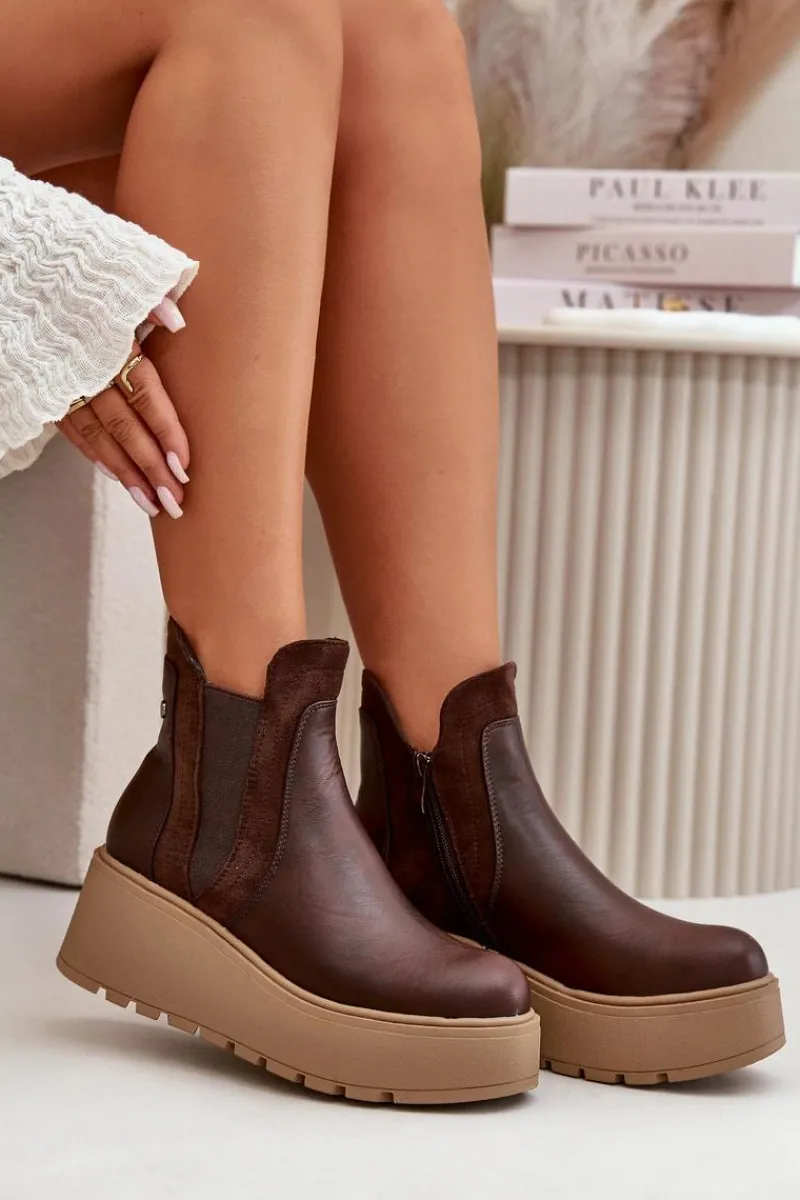 Online Damskie Ocieplane Botki Na Platformie I Koturnie Brązowe Mivanira Damskie Botki Na Koturnie|Brązowe I Beżowe Botki
