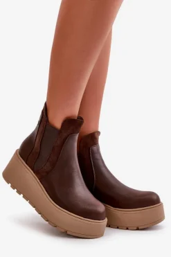 Online Damskie Ocieplane Botki Na Platformie I Koturnie Brązowe Mivanira Damskie Botki Na Koturnie|Brązowe I Beżowe Botki