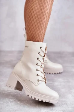 Damskie Trapery|Botki Sznurowane>Buty damskie Vinceza Damskie Ocieplane Botki Na Obcasie Jasny Beż Grethe