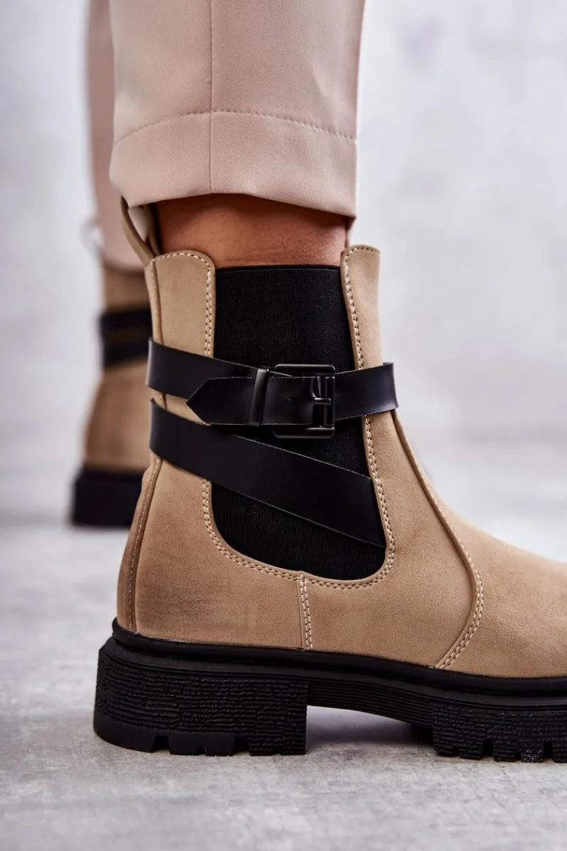 Outlet Boto Damskie Ocieplane Botki Sztyblety Z Paskiem Beżowe Jose