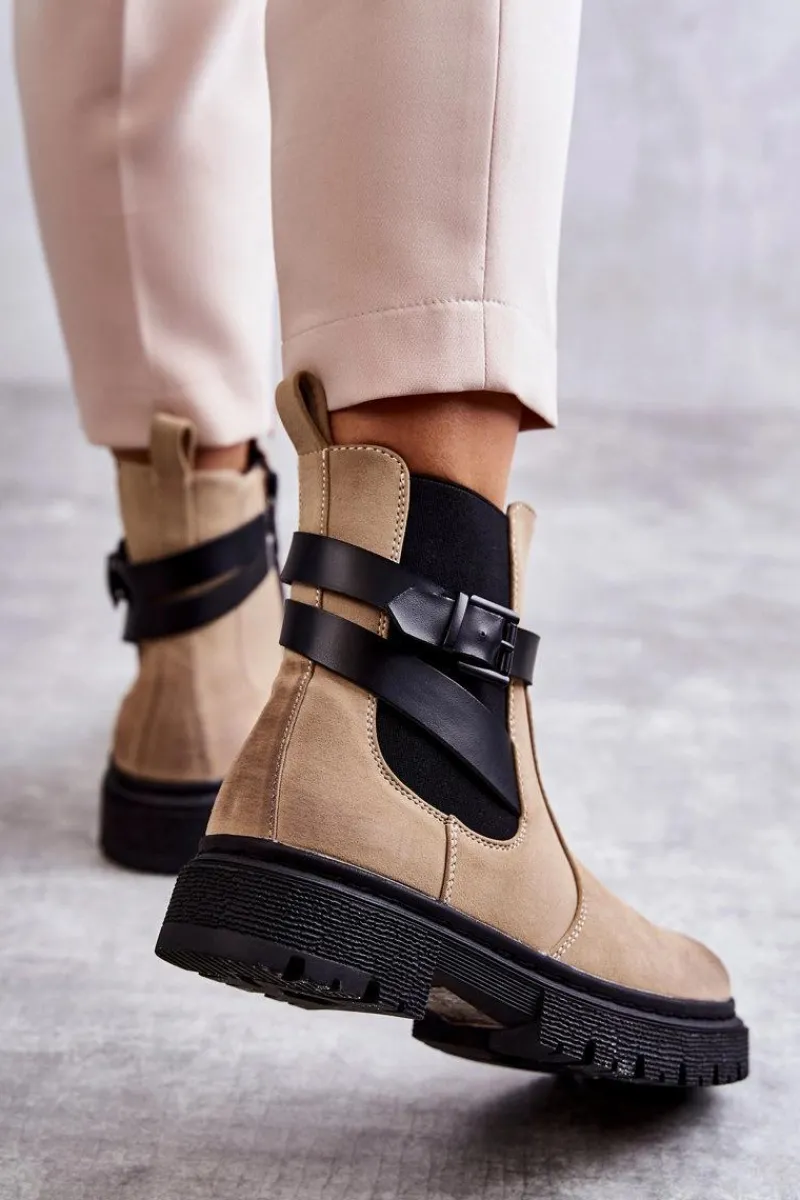 Outlet Boto Damskie Ocieplane Botki Sztyblety Z Paskiem Beżowe Jose