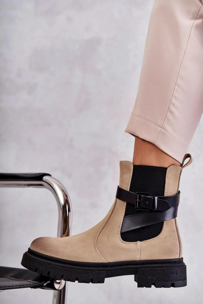 Outlet Boto Damskie Ocieplane Botki Sztyblety Z Paskiem Beżowe Jose