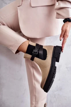 Outlet Boto Damskie Ocieplane Botki Sztyblety Z Paskiem Beżowe Jose