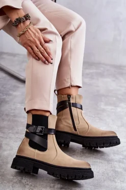 Outlet Boto Damskie Ocieplane Botki Sztyblety Z Paskiem Beżowe Jose