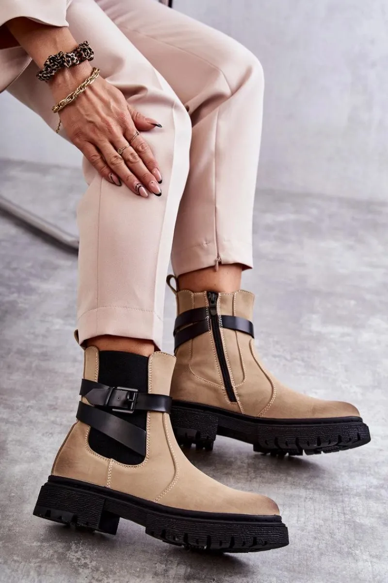 Outlet Boto Damskie Ocieplane Botki Sztyblety Z Paskiem Beżowe Jose