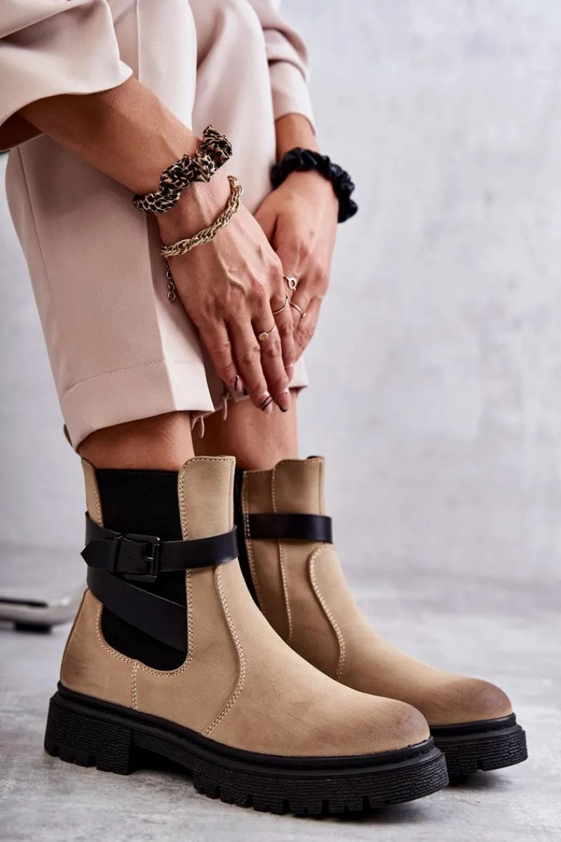 Outlet Boto Damskie Ocieplane Botki Sztyblety Z Paskiem Beżowe Jose
