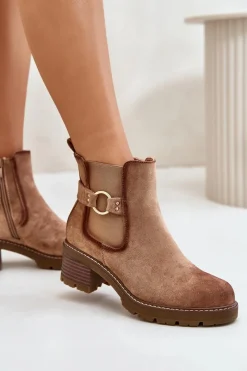 Discount Boto Damskie Ocieplane Botki Sztyblety Na Obcasie Ze Złotym Detalem Eko Zamszowe Jasnobrązowe Mailta