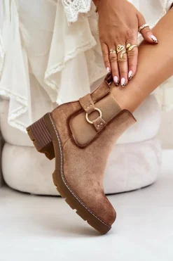 Discount Boto Damskie Ocieplane Botki Sztyblety Na Obcasie Ze Złotym Detalem Eko Zamszowe Jasnobrązowe Mailta