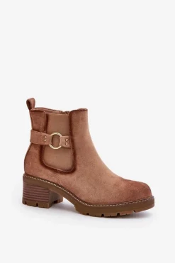 Discount Boto Damskie Ocieplane Botki Sztyblety Na Obcasie Ze Złotym Detalem Eko Zamszowe Jasnobrązowe Mailta