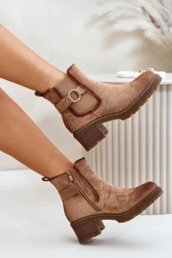 Discount Boto Damskie Ocieplane Botki Sztyblety Na Obcasie Ze Złotym Detalem Eko Zamszowe Jasnobrązowe Mailta