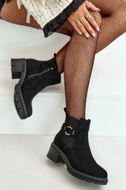 Hot Damskie Ocieplane Botki Sztyblety Na Obcasie Ze Złotym Detalem Eko Zamszowe Czarne Mailta Damskie Botki Na Słupku|Botki Zimowe Damskie