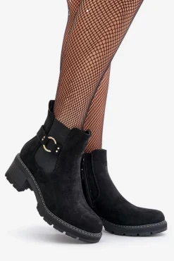 Hot Damskie Ocieplane Botki Sztyblety Na Obcasie Ze Złotym Detalem Eko Zamszowe Czarne Mailta Damskie Botki Na Słupku|Botki Zimowe Damskie