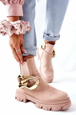 Botki Zimowe Damskie|Botki Płaskie>Damskie buty S.Barski Damskie Ocieplane Botki Sztyblety Beżowe Visione