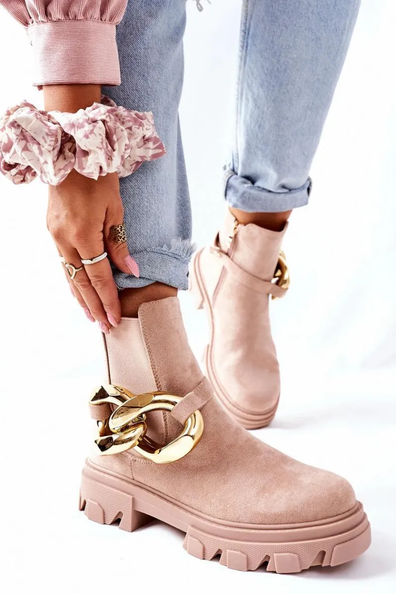 Botki Zimowe Damskie|Botki Płaskie>Damskie buty S.Barski Damskie Ocieplane Botki Sztyblety Beżowe Visione