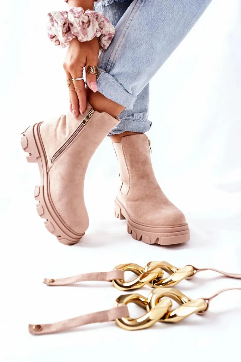 Botki Zimowe Damskie|Botki Płaskie>Damskie buty S.Barski Damskie Ocieplane Botki Sztyblety Beżowe Visione