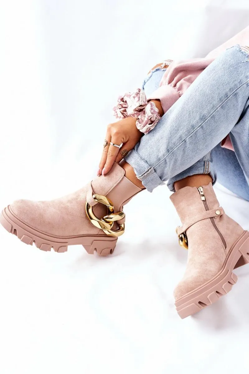 Botki Zimowe Damskie|Botki Płaskie>Damskie buty S.Barski Damskie Ocieplane Botki Sztyblety Beżowe Visione