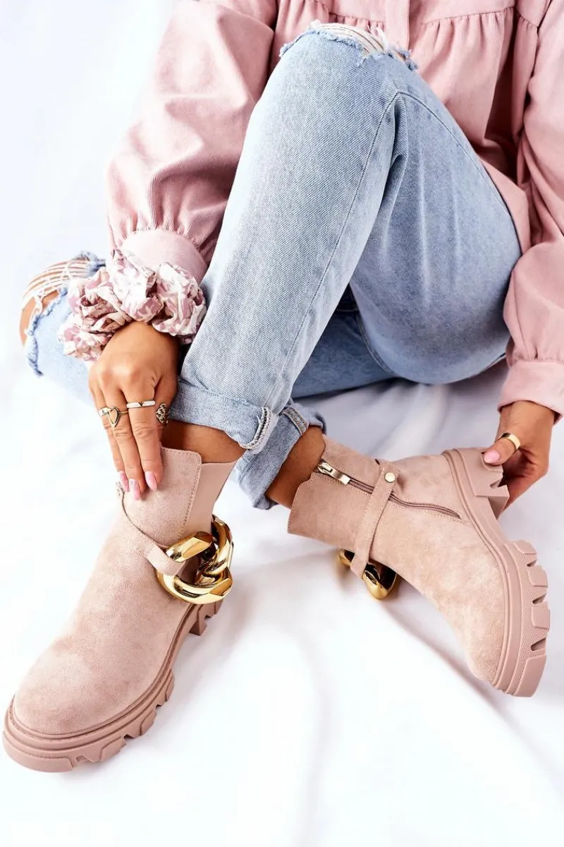 Botki Zimowe Damskie|Botki Płaskie>Damskie buty S.Barski Damskie Ocieplane Botki Sztyblety Beżowe Visione