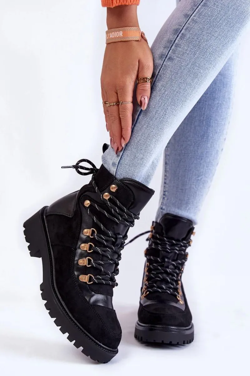 Sale Damskie Ocieplane Botki Sznurowane Czarne Jesse Damskie Damskie Trapery|Botki Sznurowane